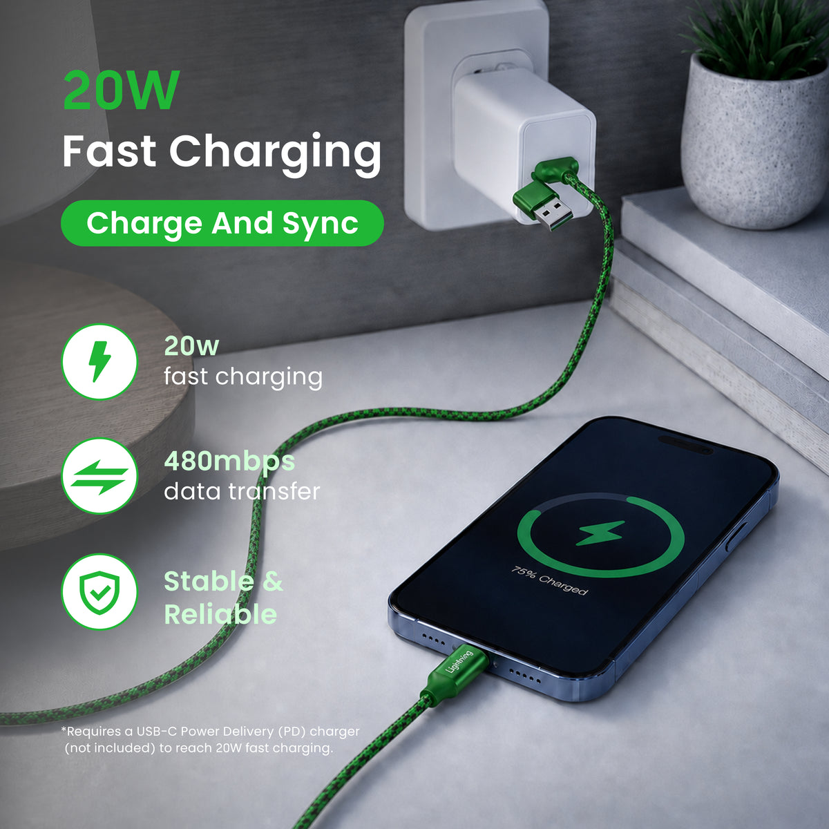 Emerald 6ft Braided USB-A or USB-C to Lightning, Fast Charging & Data Syncing Cable Compatible with iPhone