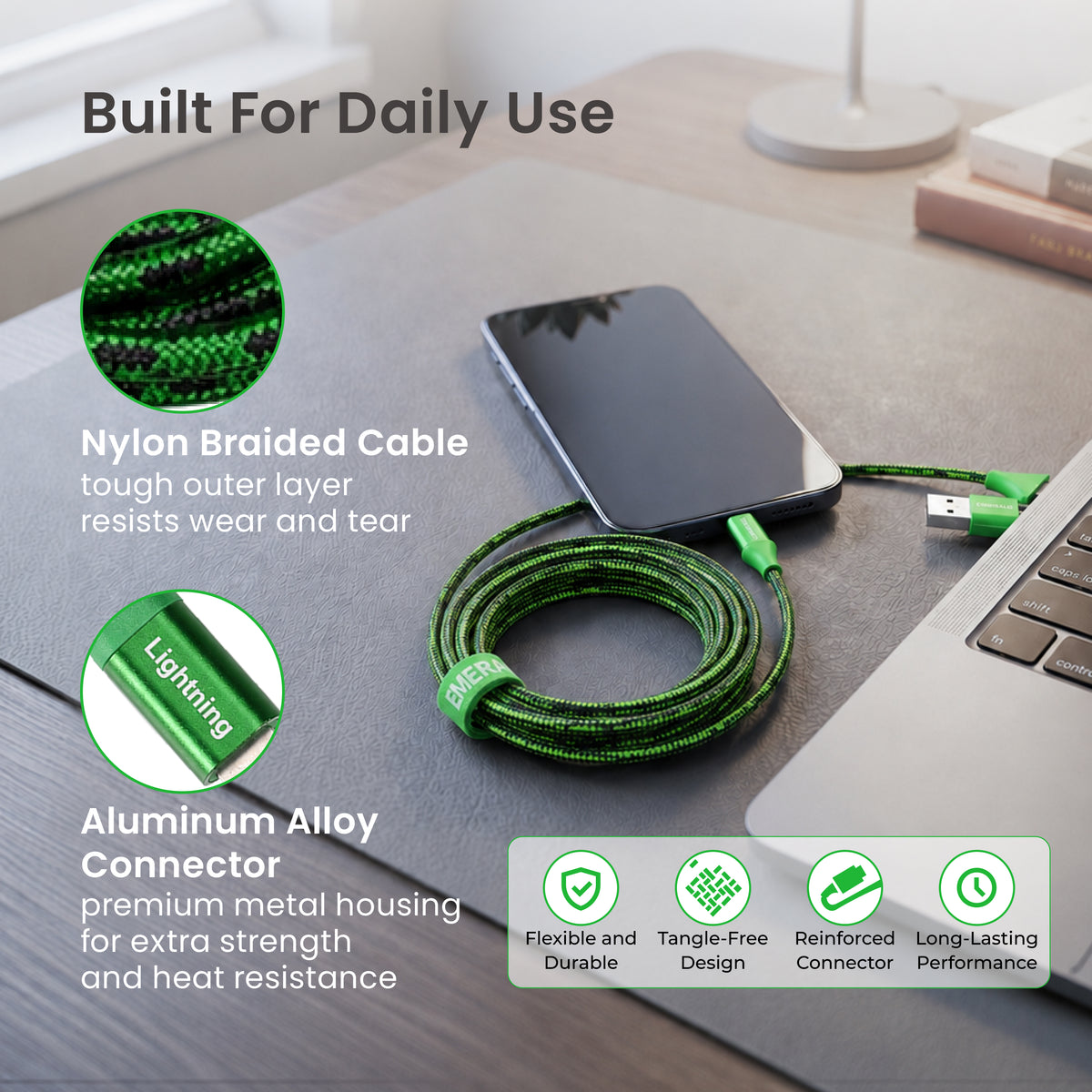 Emerald 6ft Braided USB-A or USB-C to Lightning, Fast Charging & Data Syncing Cable Compatible with iPhone