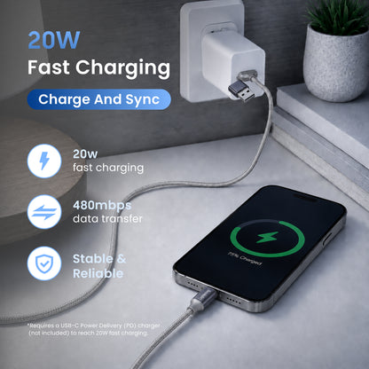 Emerald 6ft Braided USB-A or USB-C to Lightning, Fast Charging & Data Syncing Cable Compatible with iPhone