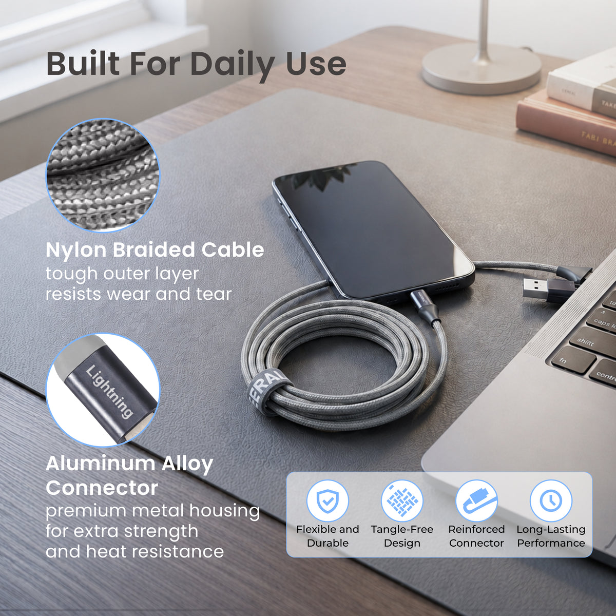 Emerald 6ft Braided USB-A or USB-C to Lightning, Fast Charging & Data Syncing Cable Compatible with iPhone