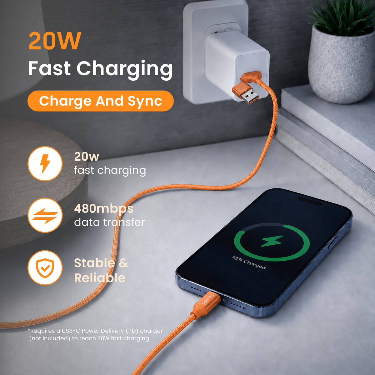 Emerald 6ft Braided USB-A or USB-C to Lightning, Fast Charging & Data Syncing Cable Compatible with iPhone