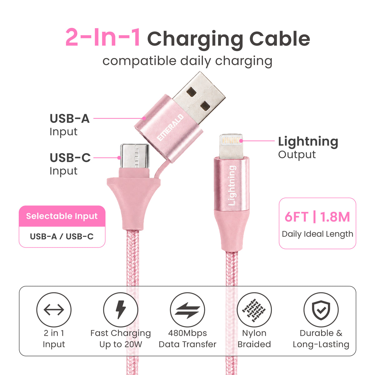 Emerald 6ft Braided USB-A or USB-C to Lightning, Fast Charging & Data Syncing Cable Compatible with iPhone