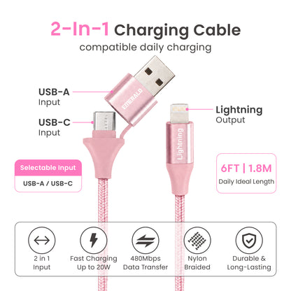 Emerald 6ft Braided USB-A or USB-C to Lightning, Fast Charging & Data Syncing Cable Compatible with iPhone