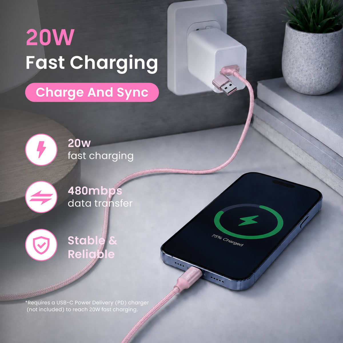 Emerald 6ft Braided USB-A or USB-C to Lightning, Fast Charging & Data Syncing Cable Compatible with iPhone