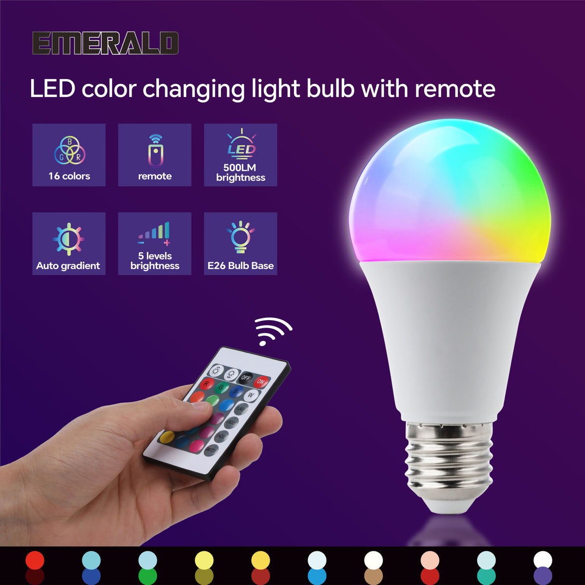 EMERALD RGBW LED Light Bulb, Adjustable Colors & White Light, 500 Lumens, E26 Base