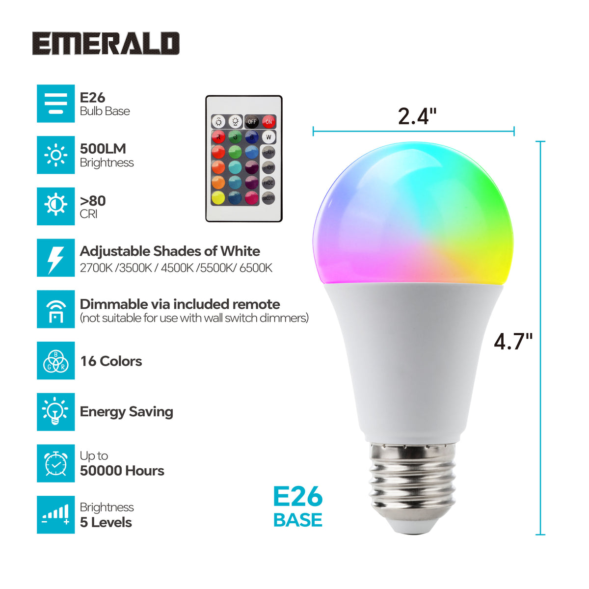 EMERALD RGBW LED Light Bulb, Adjustable Colors & White Light, 500 Lumens, E26 Base