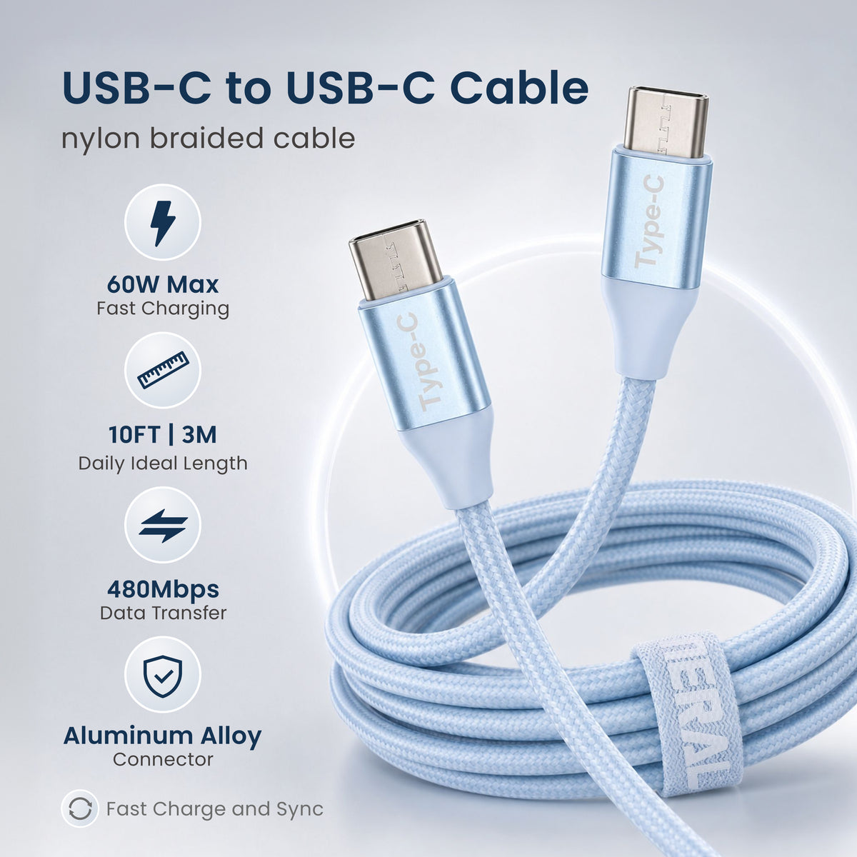 Emerald 10ft Braided USB-C to USB-C (Type-C), Fast Charging & Data Syncing Cable