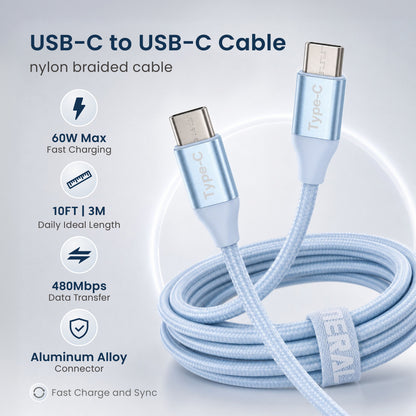 Emerald 10ft Braided USB-C to USB-C (Type-C), Fast Charging & Data Syncing Cable