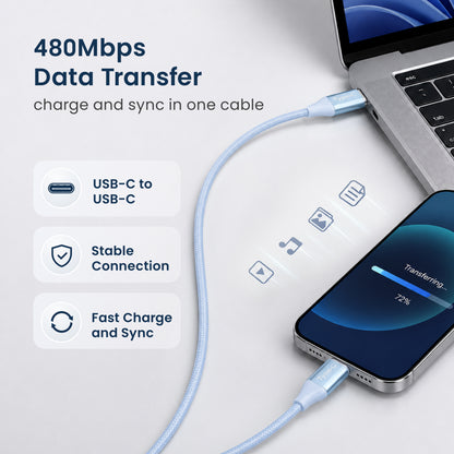 Emerald 10ft Braided USB-C to USB-C (Type-C), Fast Charging & Data Syncing Cable
