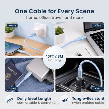 Emerald 10ft Braided USB-C to USB-C (Type-C), Fast Charging & Data Syncing Cable