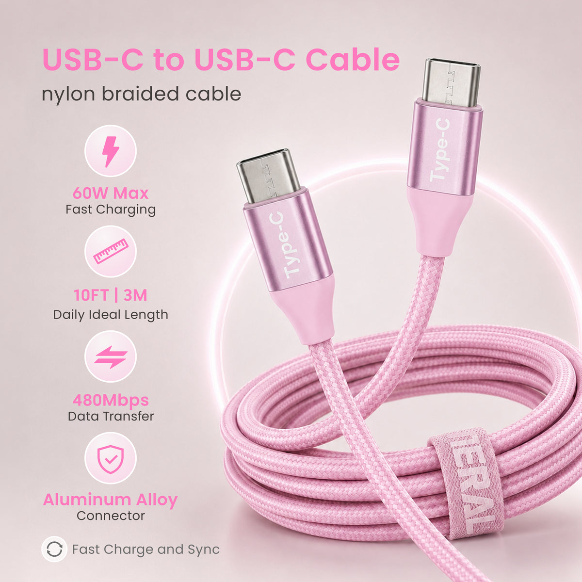 Emerald 10ft Braided USB-C to USB-C (Type-C), Fast Charging & Data Syncing Cable