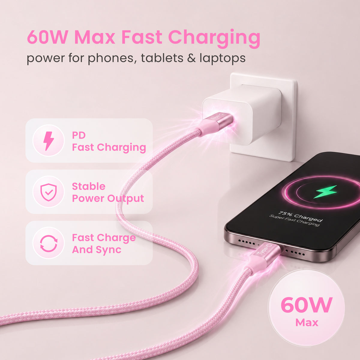 Emerald 10ft Braided USB-C to USB-C (Type-C), Fast Charging & Data Syncing Cable