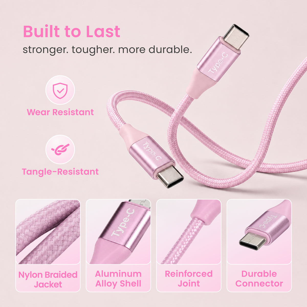 Emerald 10ft Braided USB-C to USB-C (Type-C), Fast Charging & Data Syncing Cable