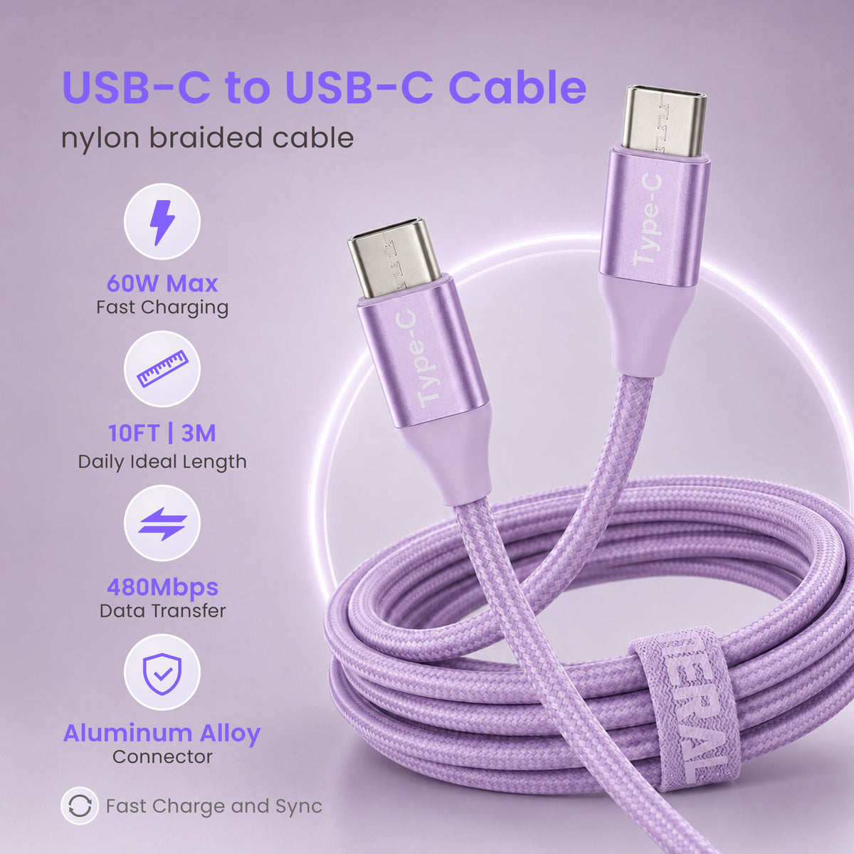 Emerald 10ft Braided USB-C to USB-C (Type-C), Fast Charging & Data Syncing Cable