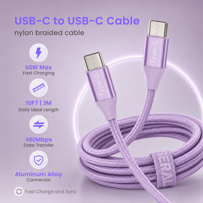 Emerald 10ft Braided USB-C to USB-C (Type-C), Fast Charging & Data Syncing Cable