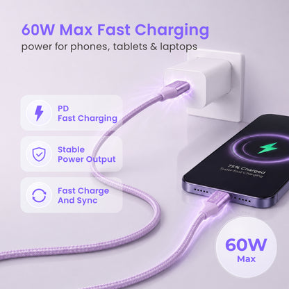 Emerald 10ft Braided USB-C to USB-C (Type-C), Fast Charging & Data Syncing Cable