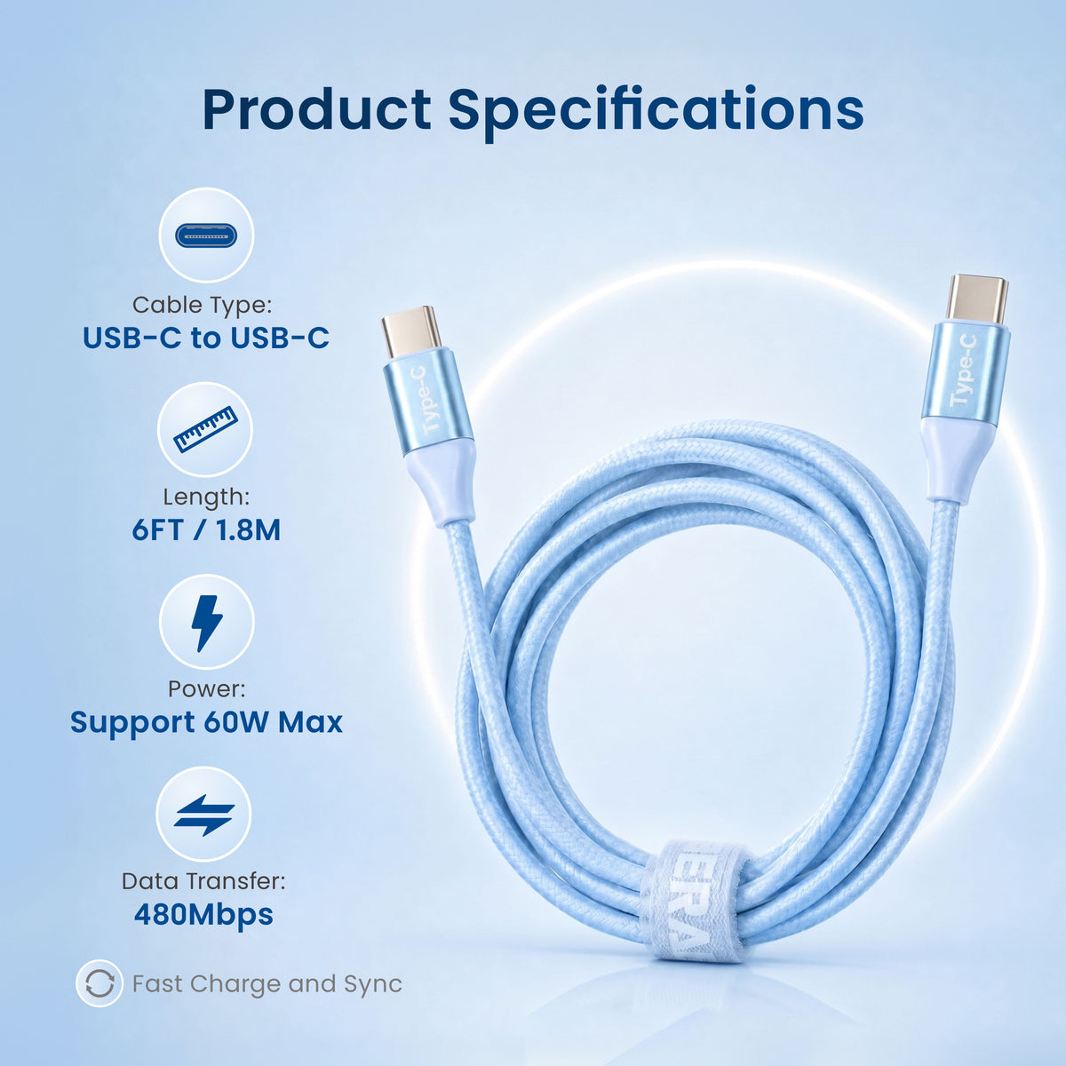 Emerald 6ft Braided USB-C to USB-C (Type-C), Fast Charging & Data Syncing Cable