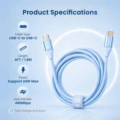 Emerald 6ft Braided USB-C to USB-C (Type-C), Fast Charging & Data Syncing Cable