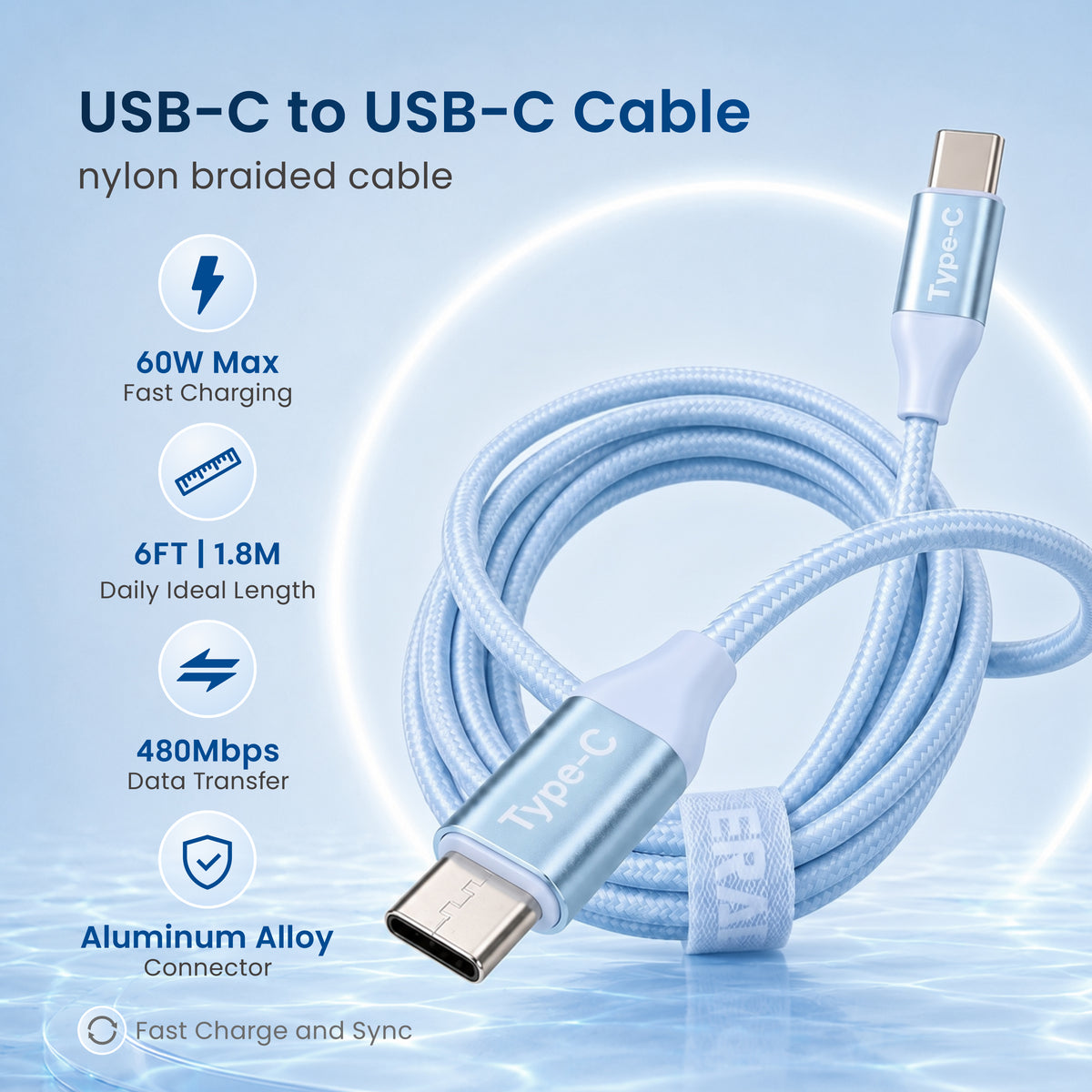 Emerald 6ft Braided USB-C to USB-C (Type-C), Fast Charging & Data Syncing Cable