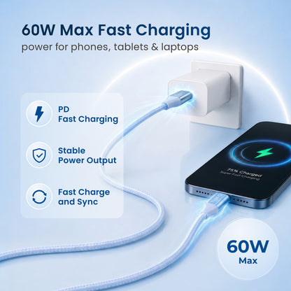 Emerald 6ft Braided USB-C to USB-C (Type-C), Fast Charging & Data Syncing Cable
