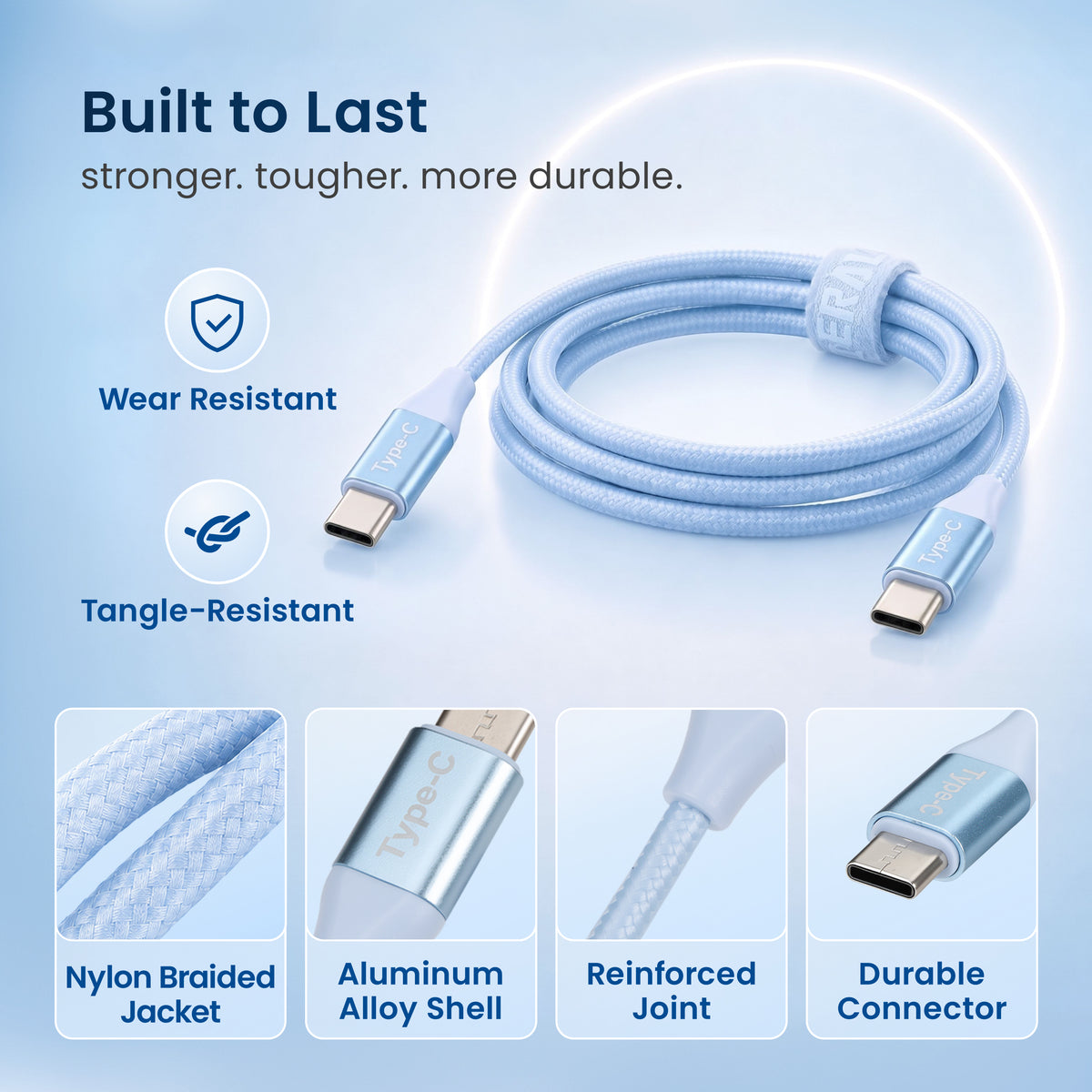 Emerald 6ft Braided USB-C to USB-C (Type-C), Fast Charging & Data Syncing Cable