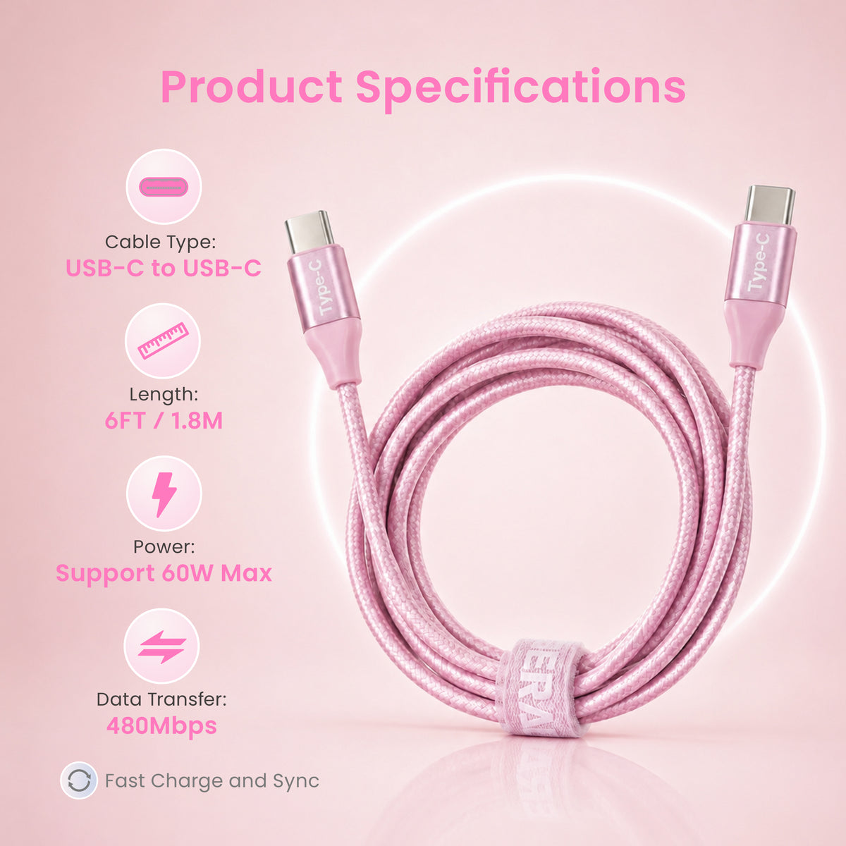Emerald 6ft Braided USB-C to USB-C (Type-C), Fast Charging & Data Syncing Cable