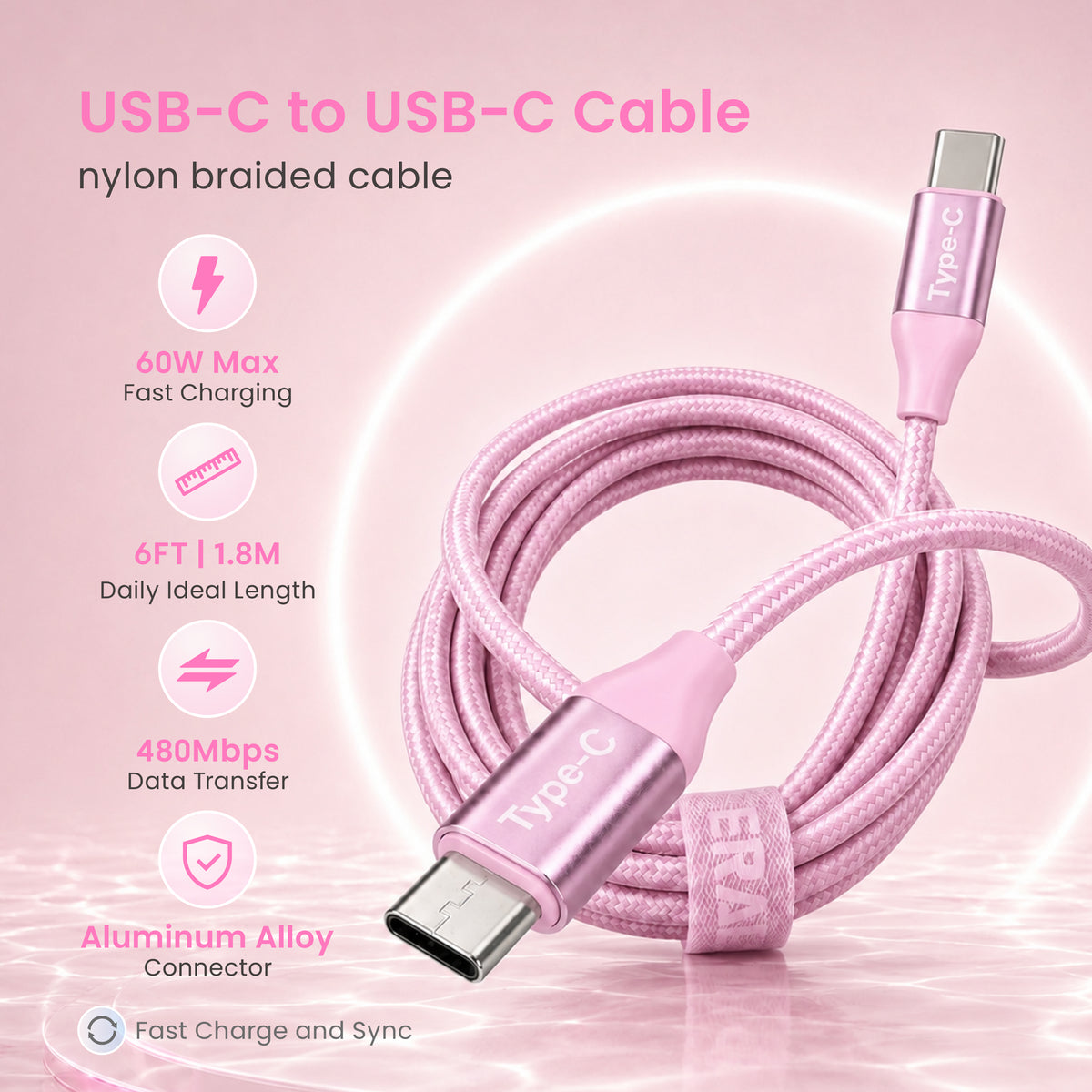 Emerald 6ft Braided USB-C to USB-C (Type-C), Fast Charging & Data Syncing Cable