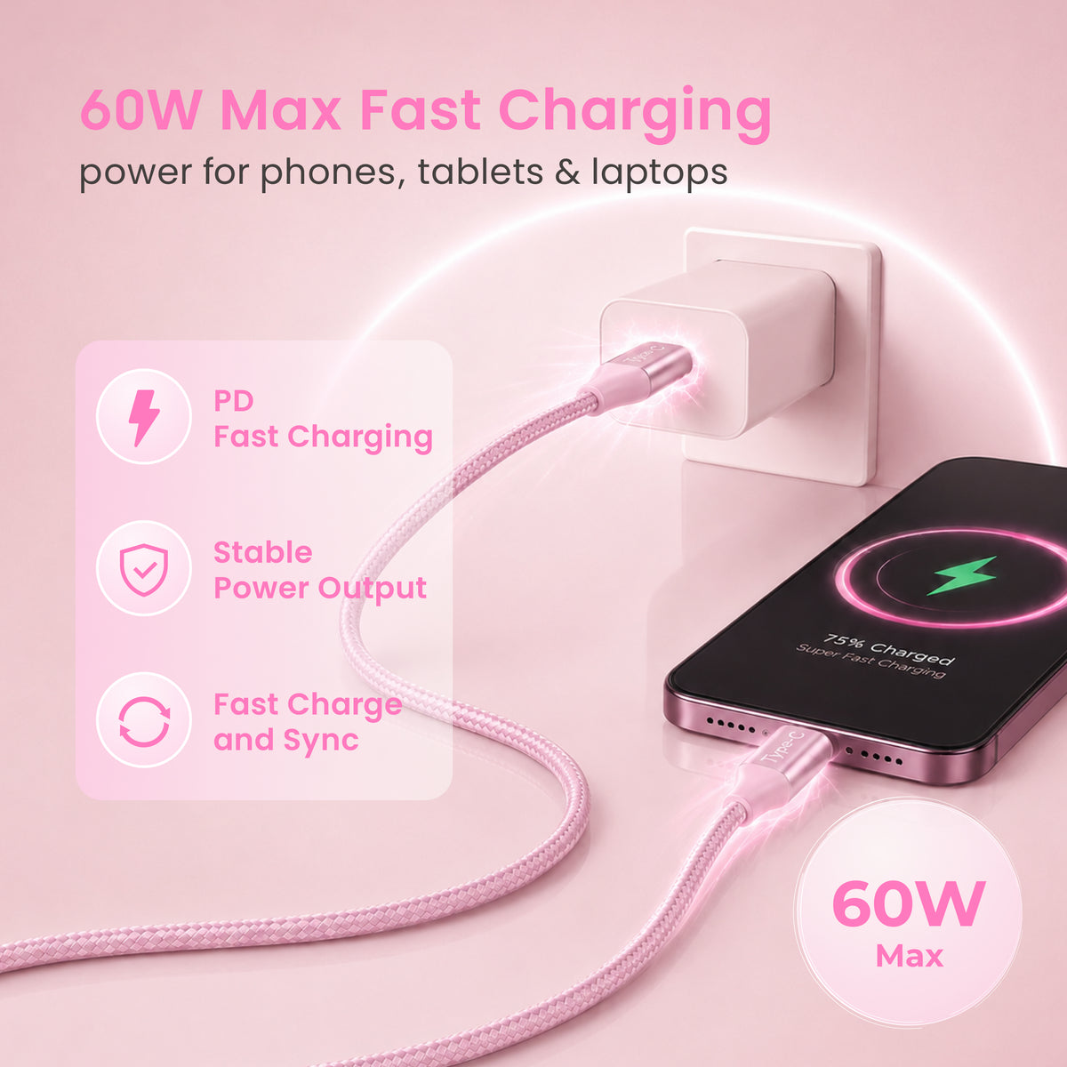 Emerald 6ft Braided USB-C to USB-C (Type-C), Fast Charging & Data Syncing Cable