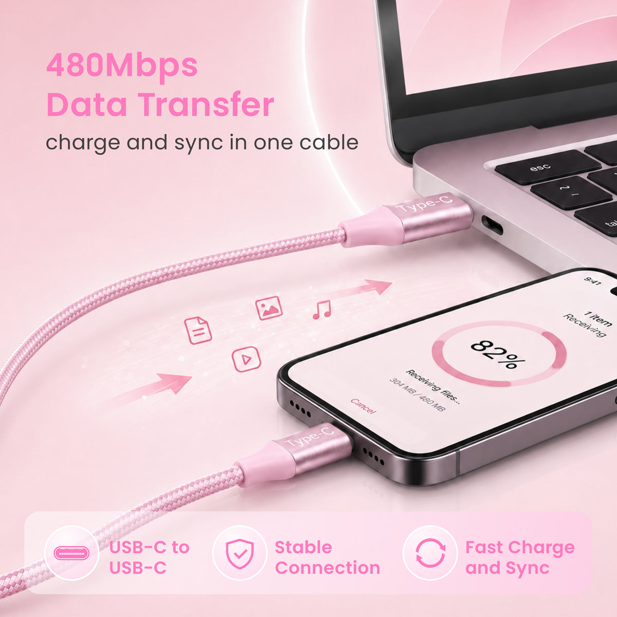 Emerald 6ft Braided USB-C to USB-C (Type-C), Fast Charging & Data Syncing Cable