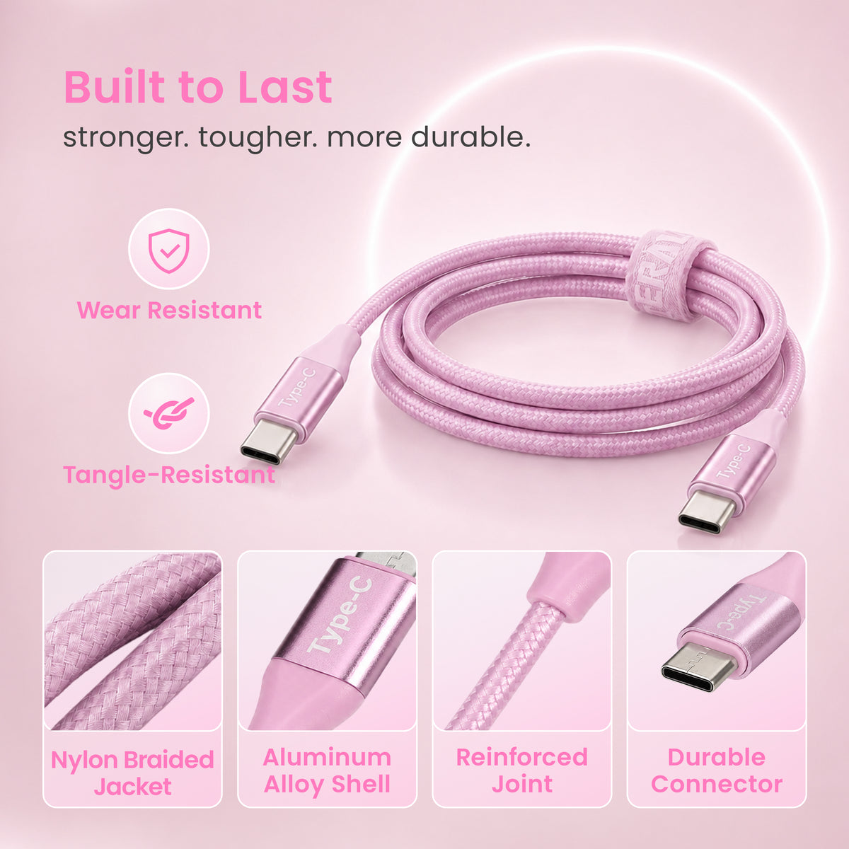Emerald 6ft Braided USB-C to USB-C (Type-C), Fast Charging & Data Syncing Cable