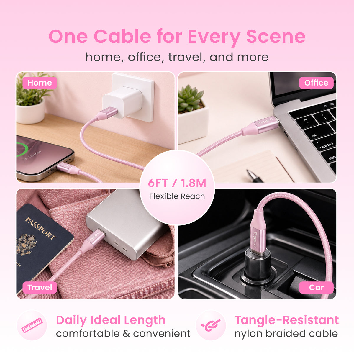 Emerald 6ft Braided USB-C to USB-C (Type-C), Fast Charging & Data Syncing Cable