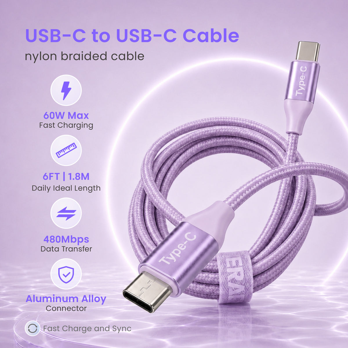 Emerald 6ft Braided USB-C to USB-C (Type-C), Fast Charging & Data Syncing Cable