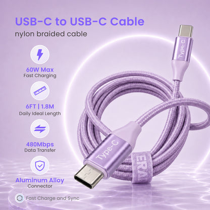 Emerald 6ft Braided USB-C to USB-C (Type-C), Fast Charging & Data Syncing Cable