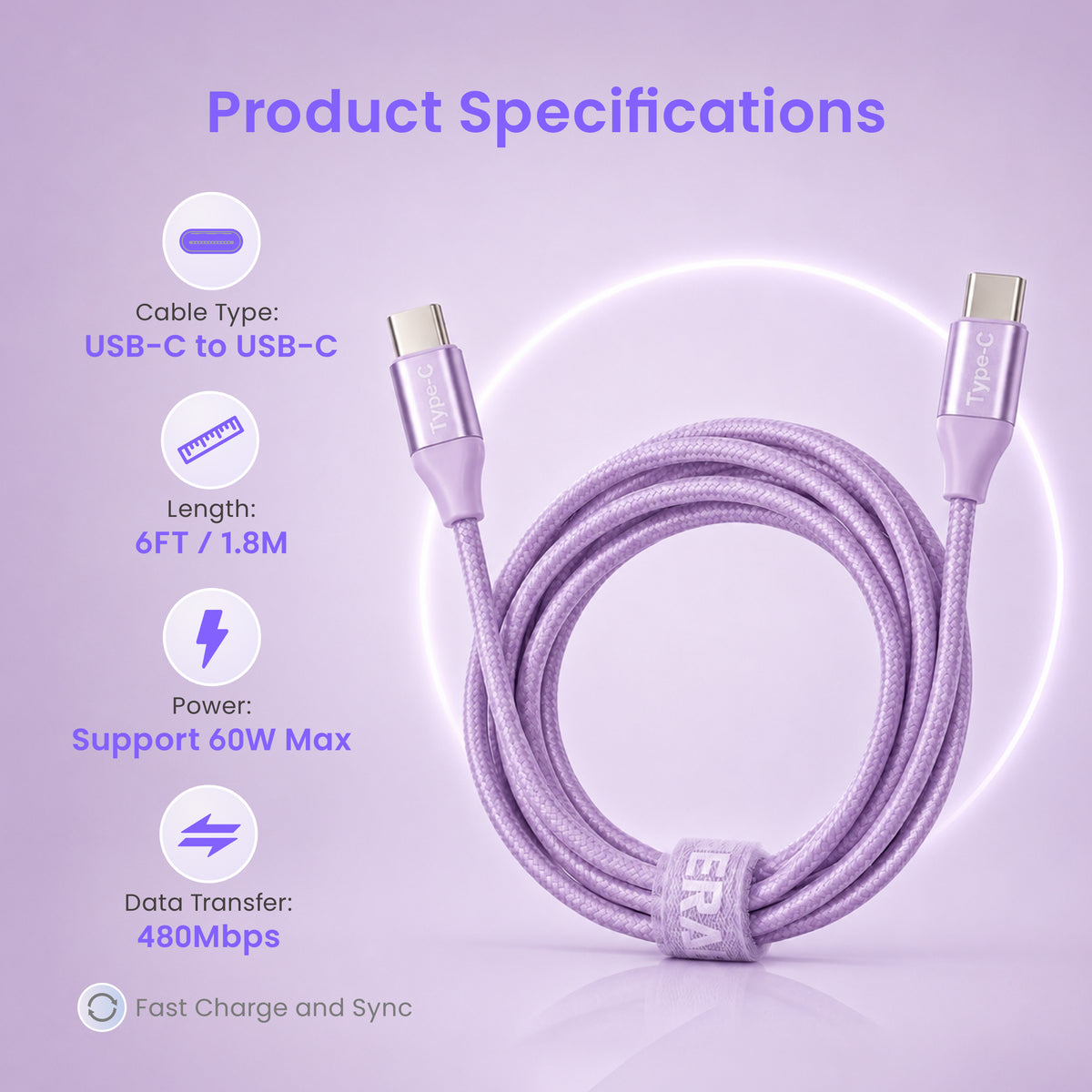 Emerald 6ft Braided USB-C to USB-C (Type-C), Fast Charging & Data Syncing Cable