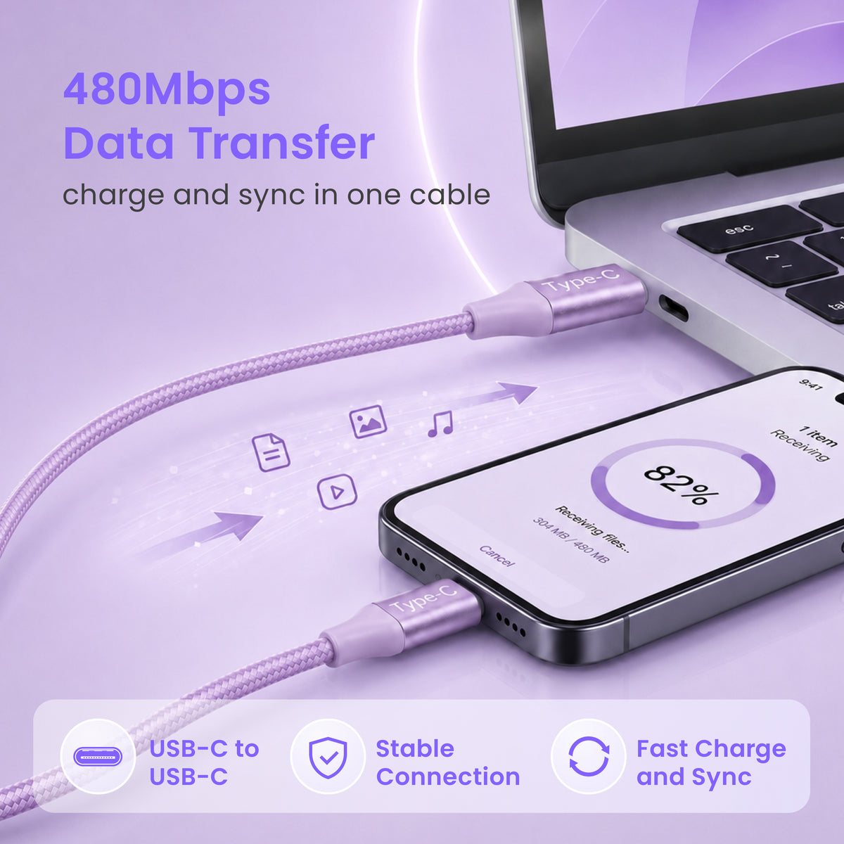 Emerald 6ft Braided USB-C to USB-C (Type-C), Fast Charging & Data Syncing Cable