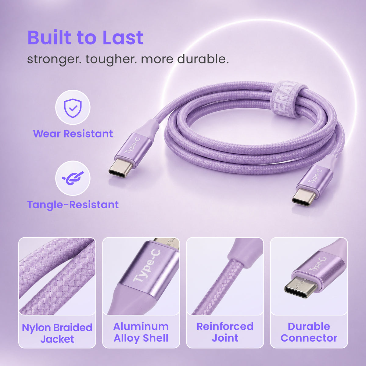 Emerald 6ft Braided USB-C to USB-C (Type-C), Fast Charging & Data Syncing Cable