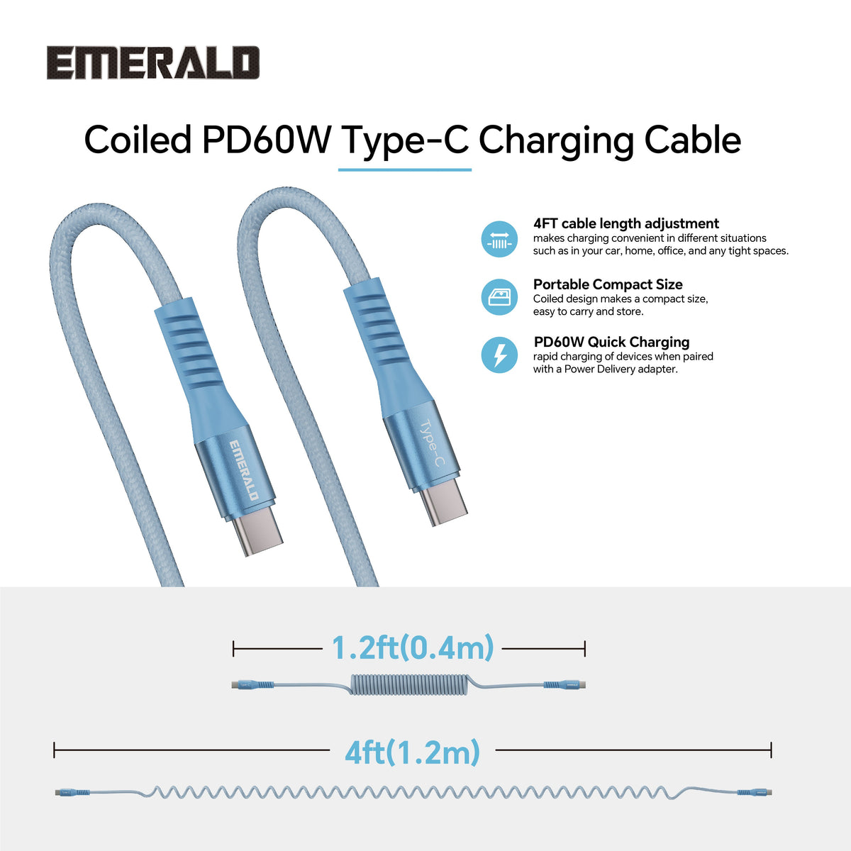 Emerald 4ft Coiled USB-C to USB-C Charging Cable, 60W Fast Charging