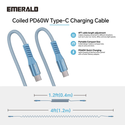 Emerald 4ft Coiled USB-C to USB-C Charging Cable, 60W Fast Charging