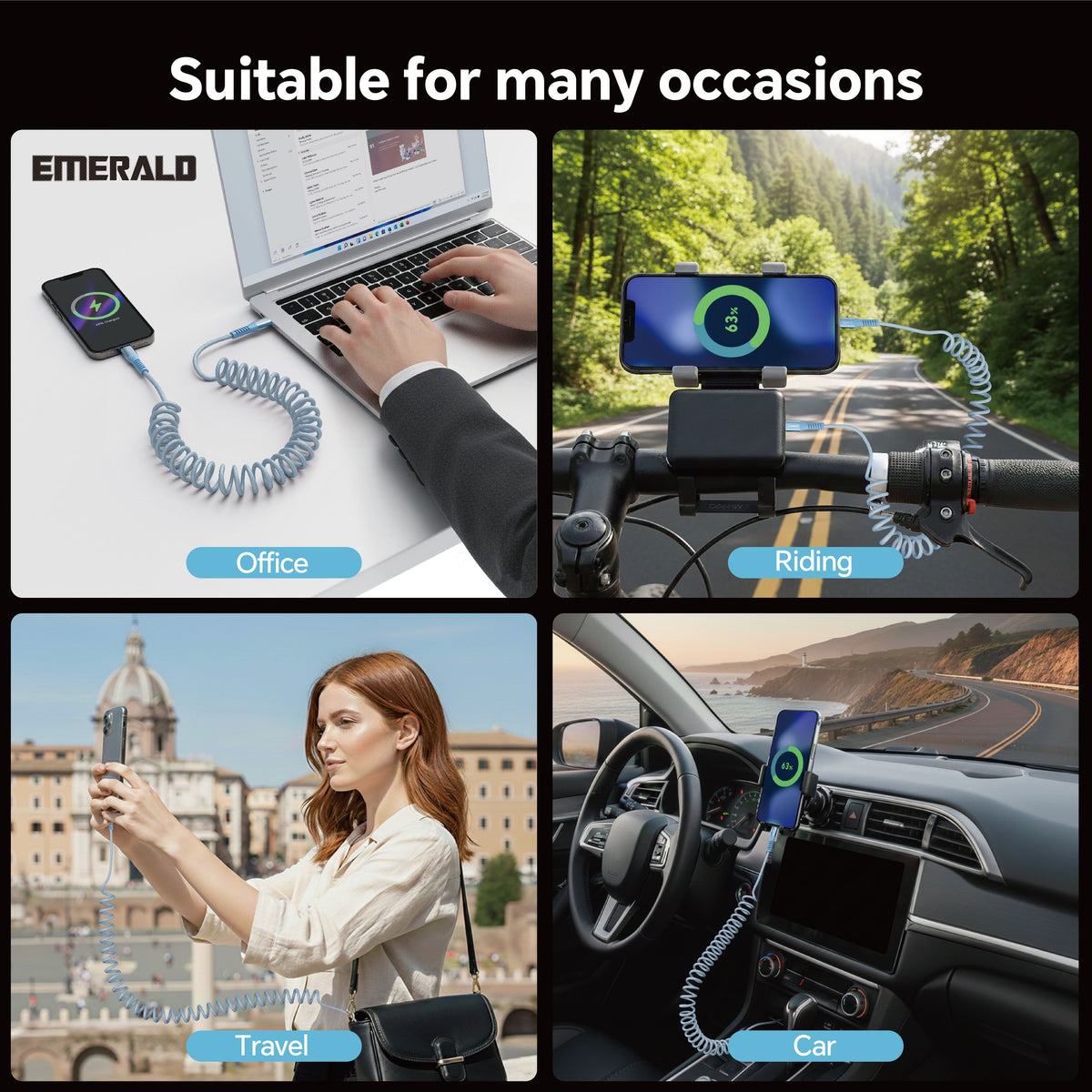 Emerald 4ft Coiled USB-C to USB-C Charging Cable, 60W Fast Charging