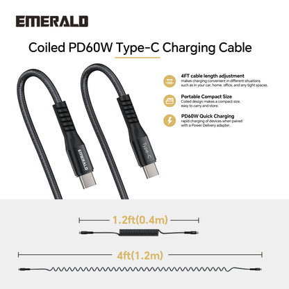 Emerald 4ft Coiled USB-C to USB-C Charging Cable, 60W Fast Charging