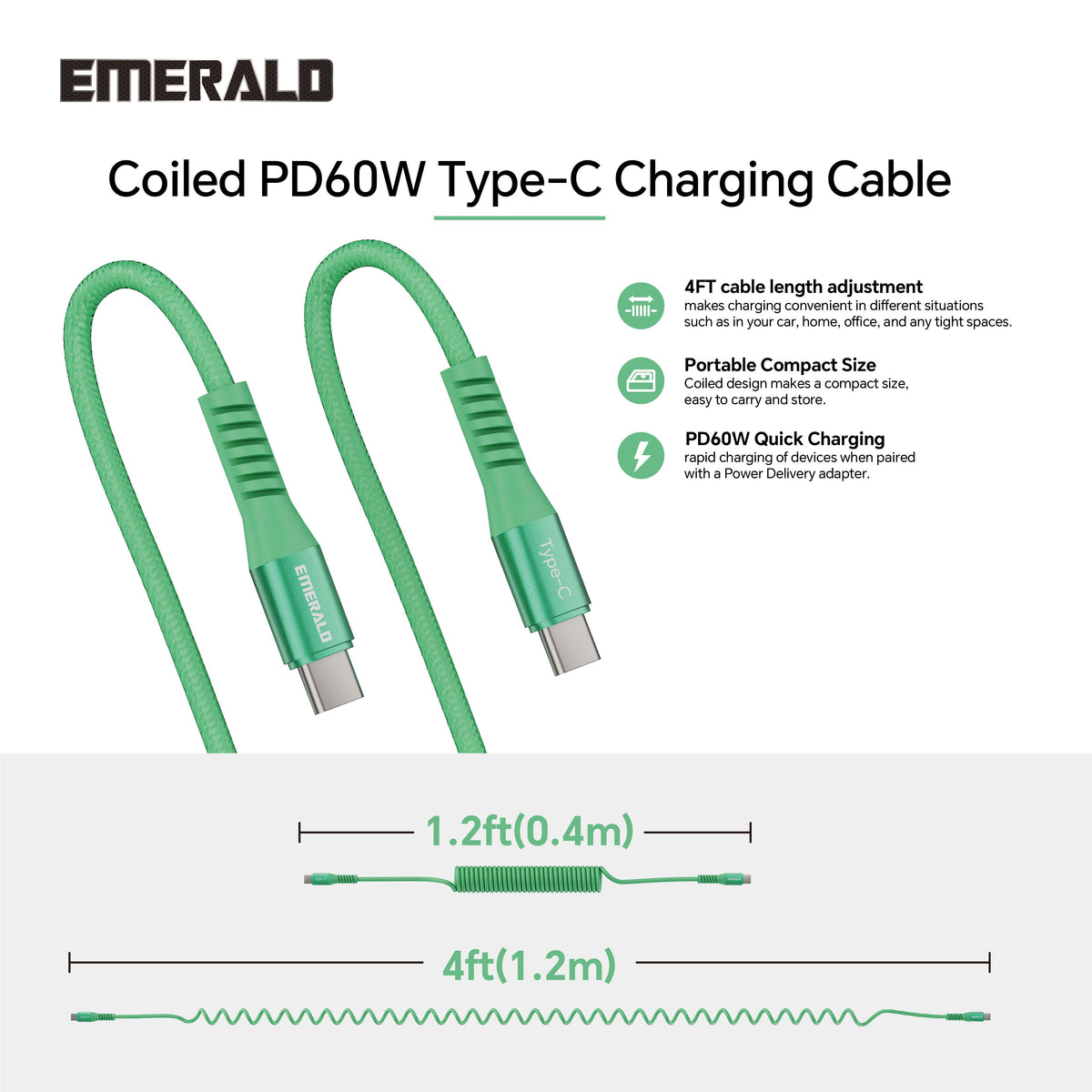 Emerald 4ft Coiled USB-C to USB-C Charging Cable, 60W Fast Charging