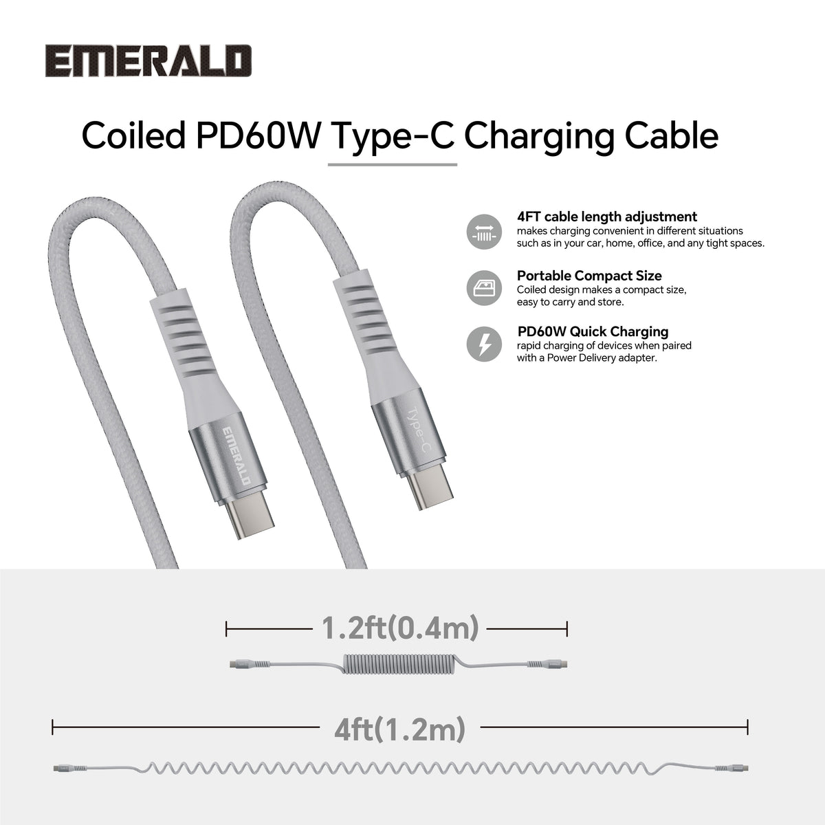 Emerald 4ft Coiled USB-C to USB-C Charging Cable, 60W Fast Charging