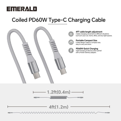 Emerald 4ft Coiled USB-C to USB-C Charging Cable, 60W Fast Charging