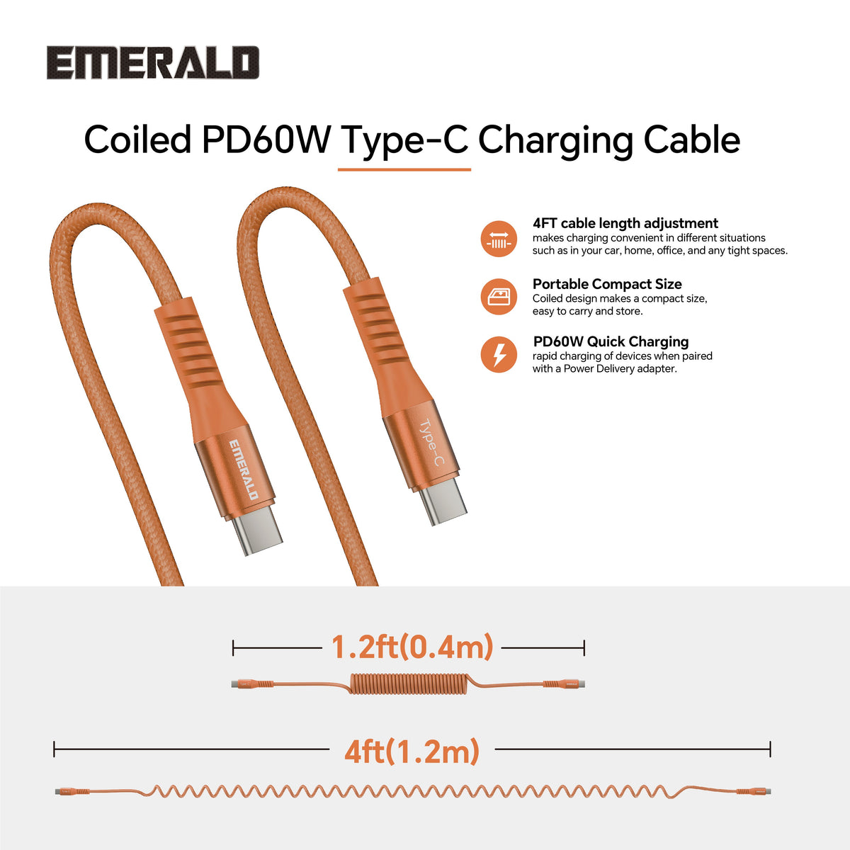 Emerald 4ft Coiled USB-C to USB-C Charging Cable, 60W Fast Charging