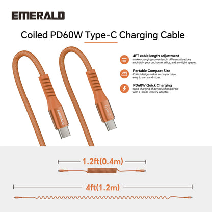 Emerald 4ft Coiled USB-C to USB-C Charging Cable, 60W Fast Charging