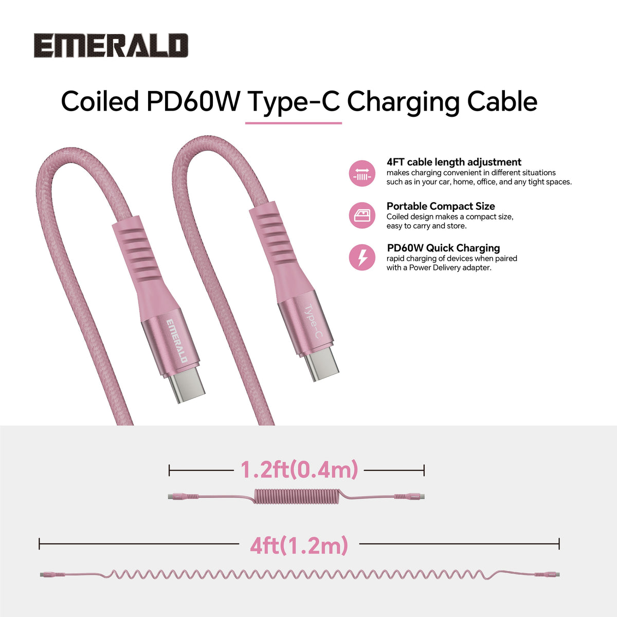 Emerald 4ft Coiled USB-C to USB-C Charging Cable, 60W Fast Charging