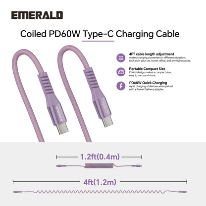 Emerald 4ft Coiled USB-C to USB-C Charging Cable, 60W Fast Charging