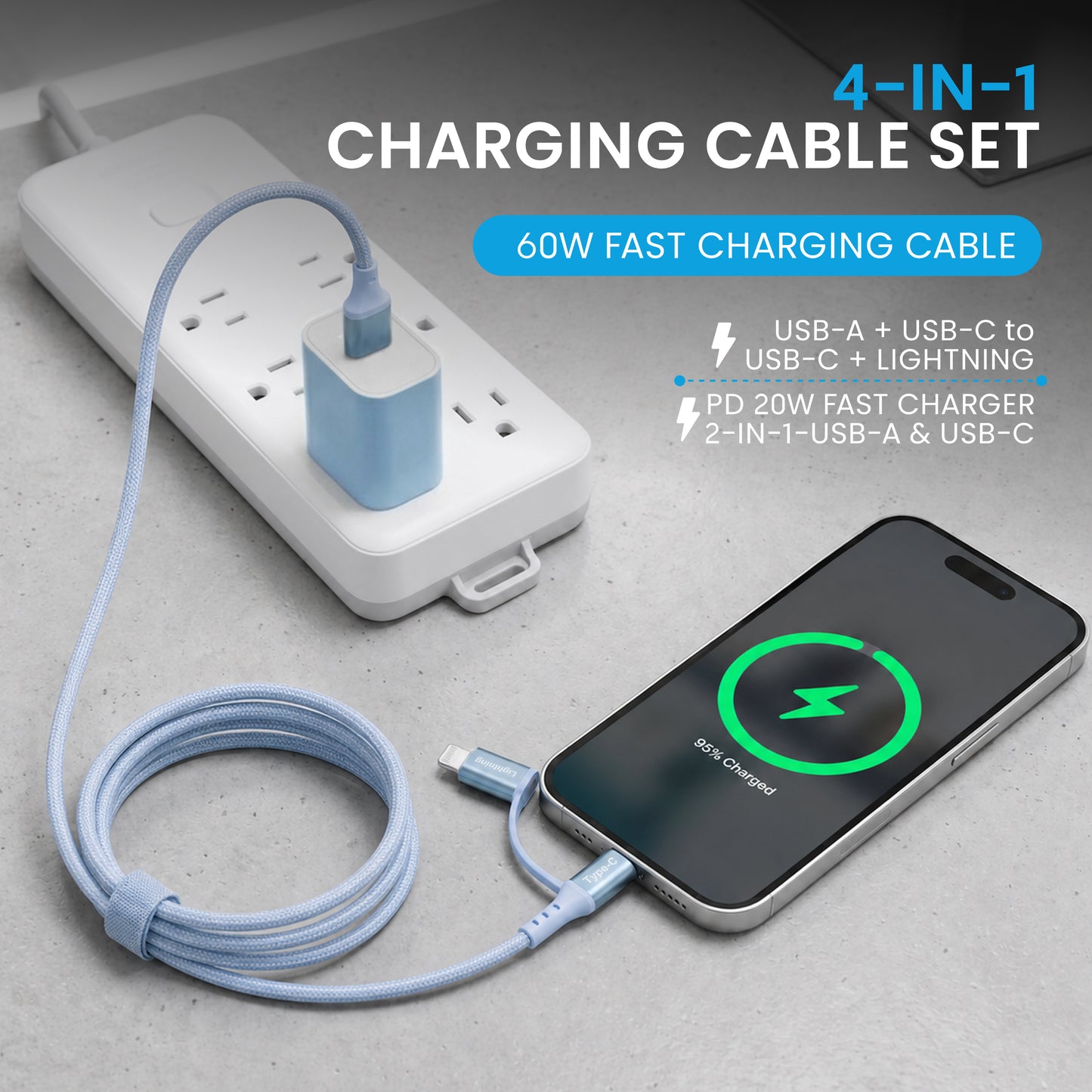 Emerald 6ft 4-in-1 Braided USB-A & Type-C to Lightning & Type-C with Adapter, Fast Charging & Data Syncing Cable