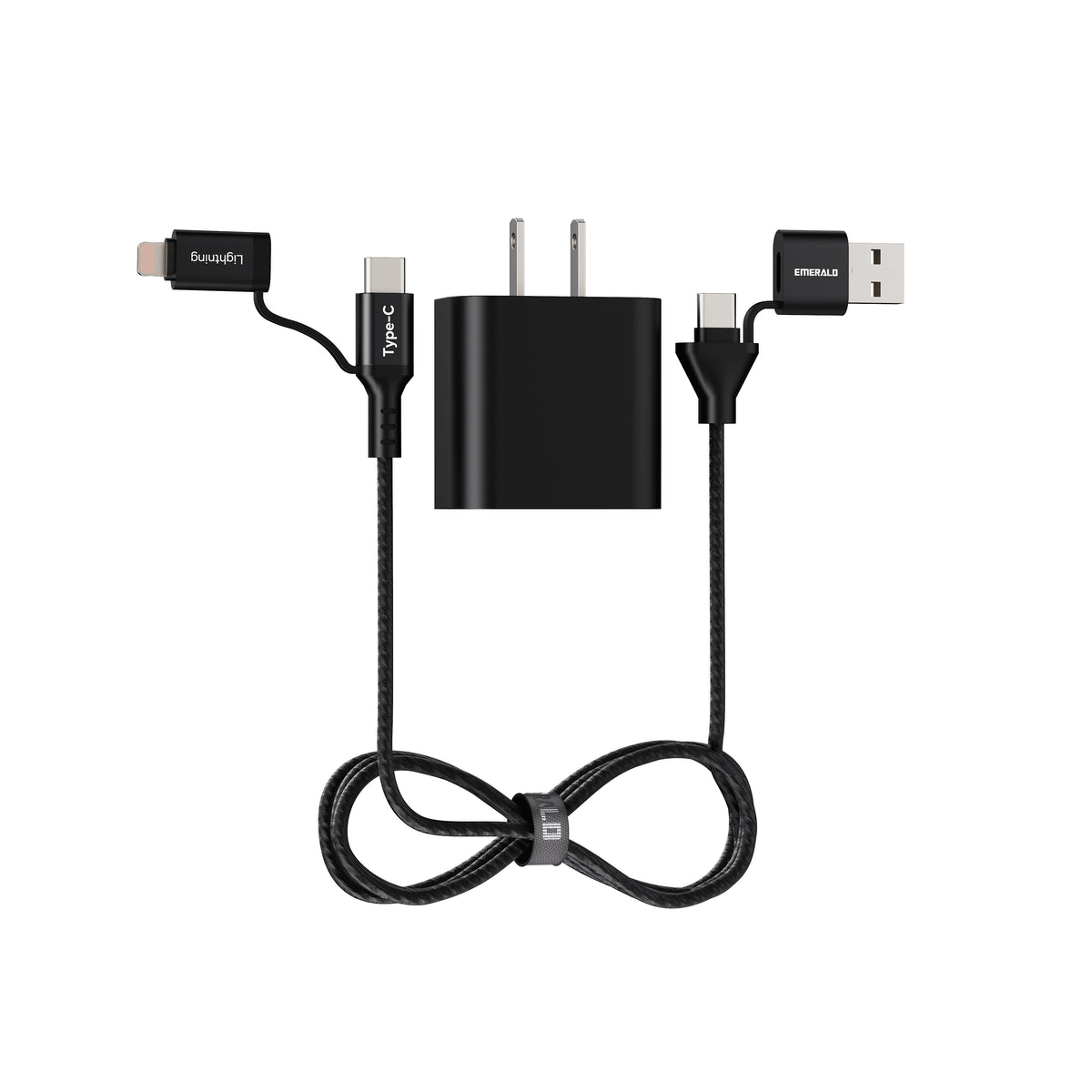 Emerald 6ft 4-in-1 Braided USB-A & Type-C to Lightning & Type-C with Adapter, Fast Charging & Data Syncing Cable