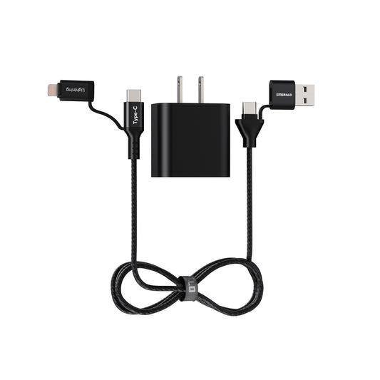 Emerald 6ft 4-in-1 Braided USB-A & Type-C to Lightning & Type-C with Adapter, Fast Charging & Data Syncing Cable